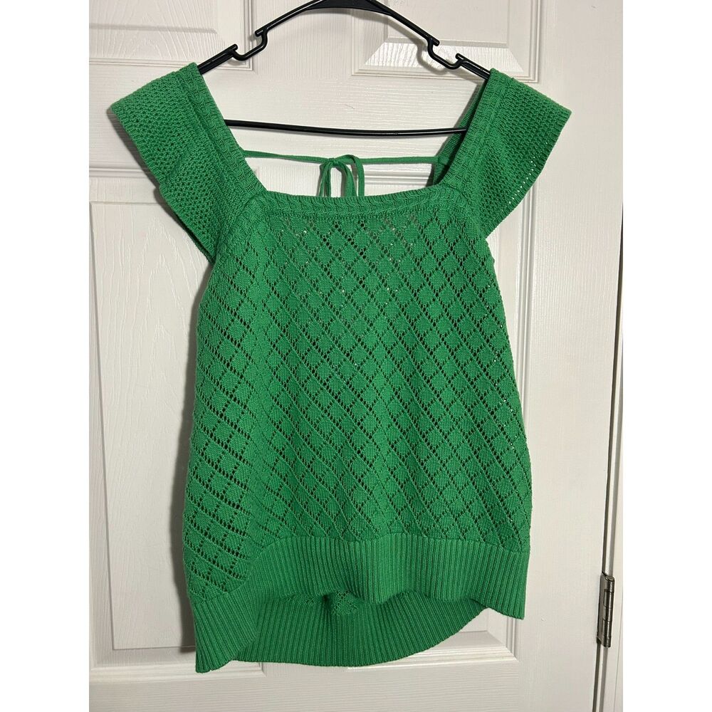 Free Assembly Green Pointelle Flutter Sleeve Square Neck Tie Back Sweater